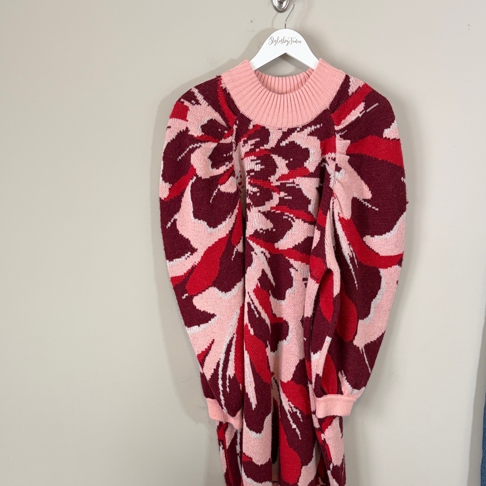 Anthropologie Farm Rio Flower Knit Mini Dress Pink Red Sz L NEW - Picture 3 of 13
